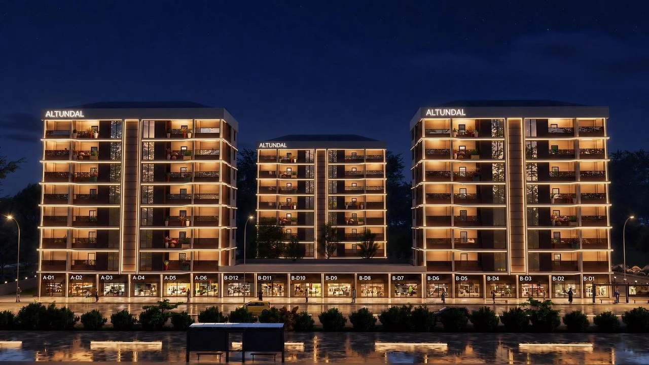 Bahçelievler Apartman Sitesi — Ticari alanlar ve gece cephe aydınlatması