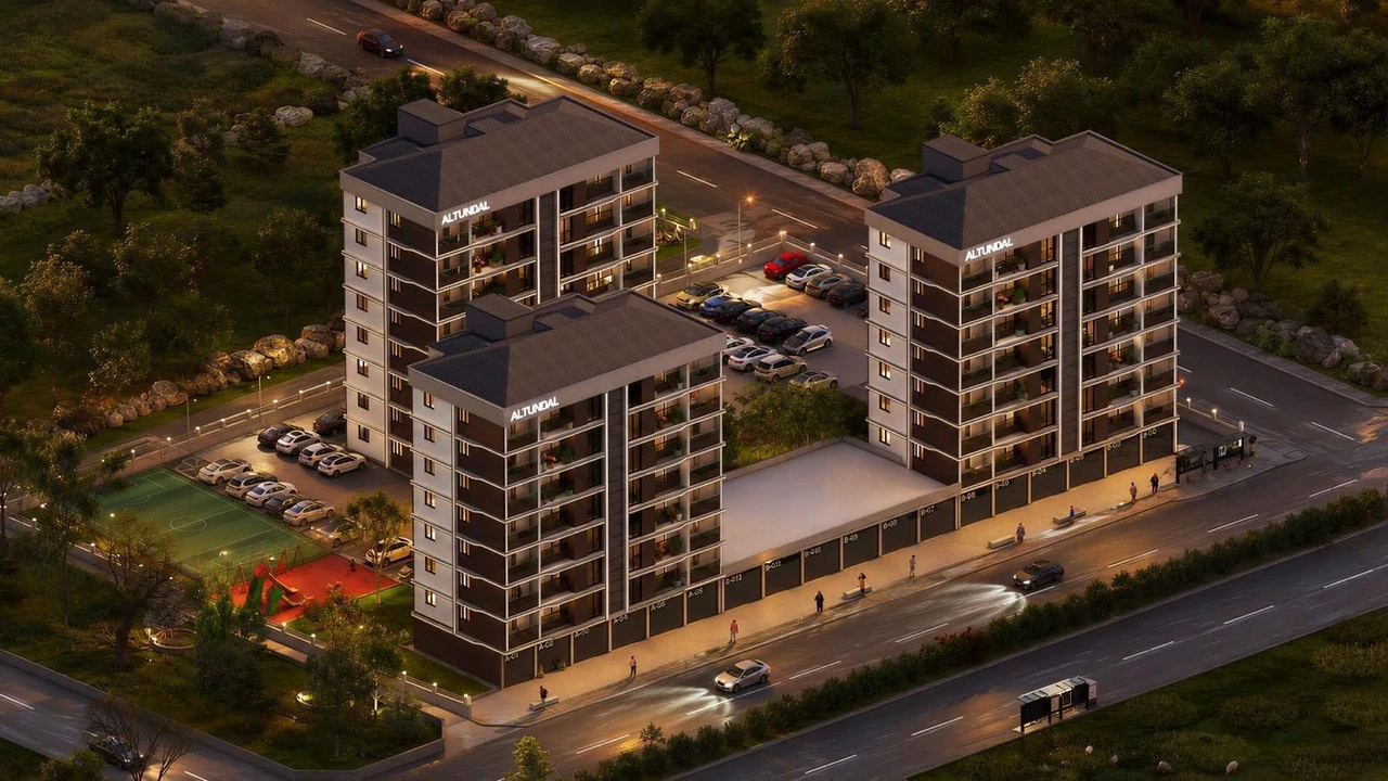 Bahçelievler Apartman Sitesi — Üç blok ve sosyal alanların kuşbakışı perspektifi