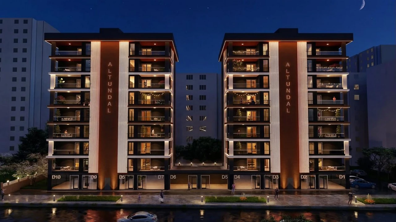 Yenişehir Apartman Sitesi — Gece cephe aydınlatması